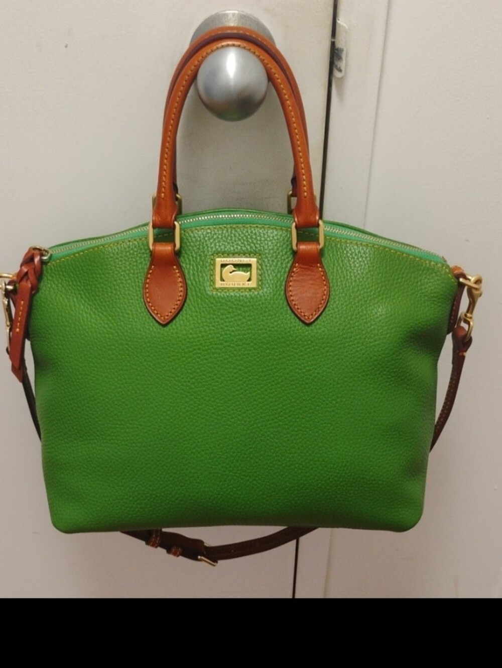 Dooney & Bourke Green Pebbled Leather Satchel with Brown Trim